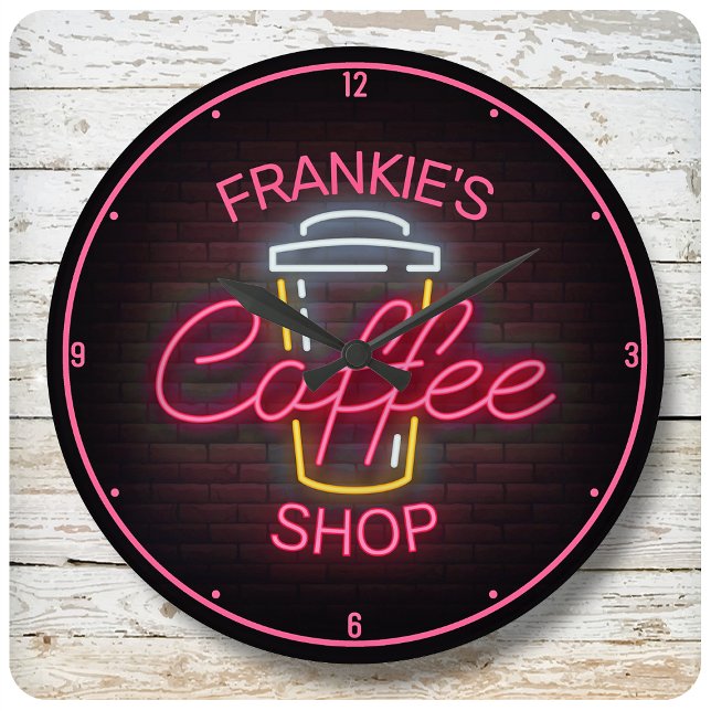 Custom NAME Faux Neon Sign Retro Coffee Shop Round Clock (Creator Uploaded)