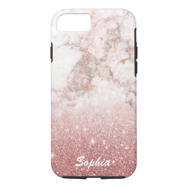 Custom Name Faux Rose Gold Glitter White Marble Case-Mate iPhone Case (Back)