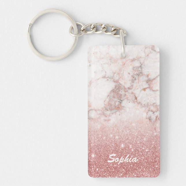 Custom Name Faux Rose Gold Glitter White Marble Key Ring (Front)