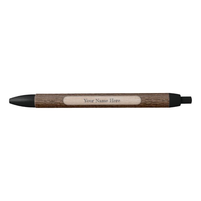 Custom Name Faux Rustic Tree Bark Texture Black Ink Pen (Front)