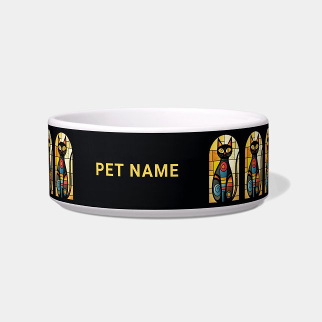 Custom Name Faux Stained Glass Cat Bowl (Front)