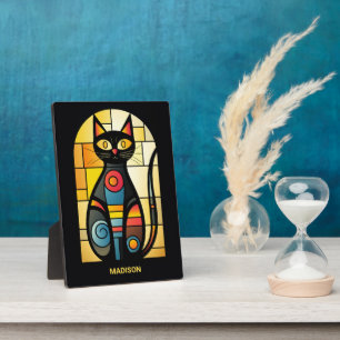 Custom Name Faux Stained Glass Cat Plaque