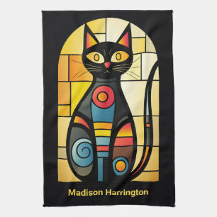 Custom Name Faux Stained Glass Cat Tea Towel