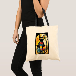 Custom Name Faux Stained Glass Cat Tote Bag