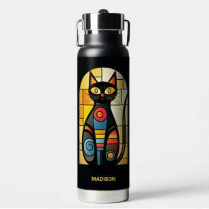 Custom Name Faux Stained Glass Cat Water Bottle