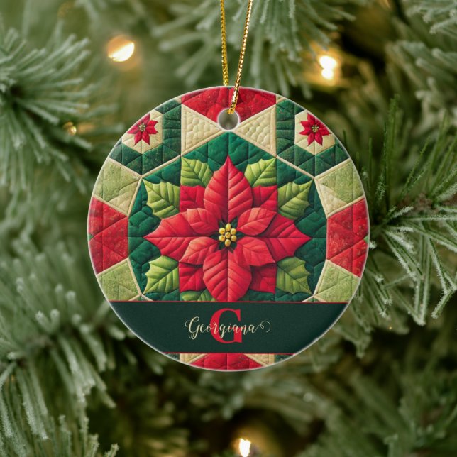 Custom Name Festive Floral Patchwork Poinsettia Ceramic Ornament (Tree)
