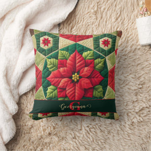 Custom Name Festive Floral Patchwork Poinsettia Cushion