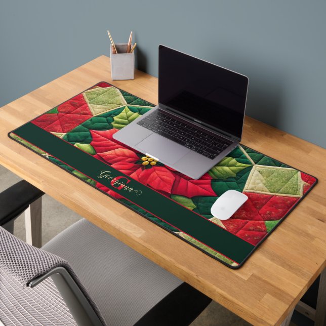 Custom Name Festive Floral Patchwork Poinsettia Desk Mat (Office 2)