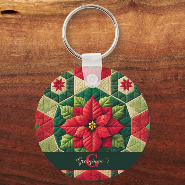 Custom Name Festive Floral Patchwork Poinsettia Key Ring (Front)