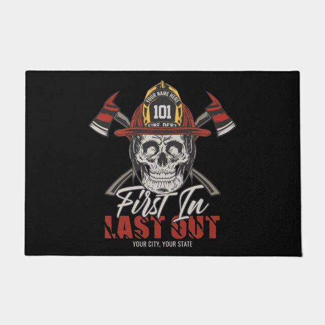 Custom NAME Firefighter First In Last Out Fireman  Doormat (Front)