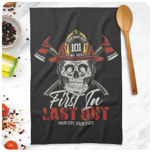 Custom NAME Firefighter First In Last Out Fireman Tea Towel
