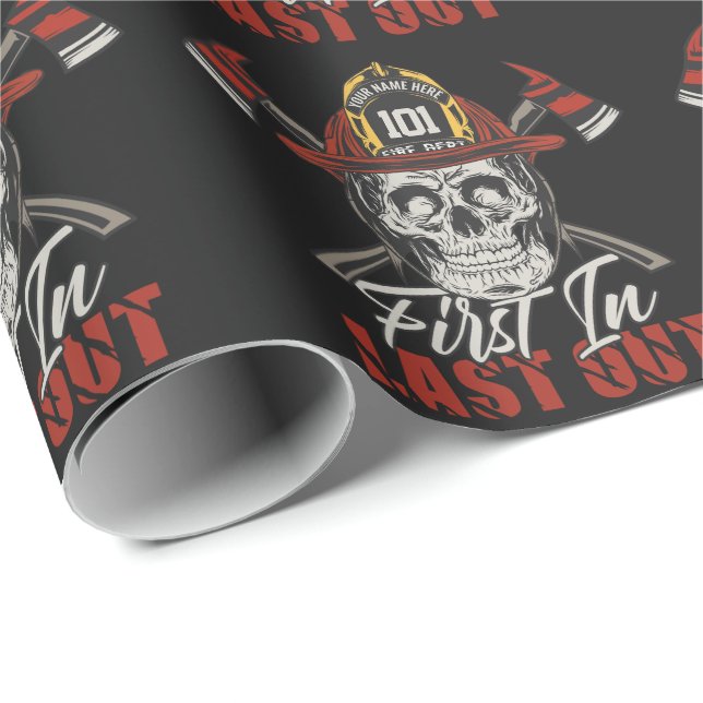 Custom NAME Firefighter First In Last Out Fireman  Wrapping Paper (Roll Corner)