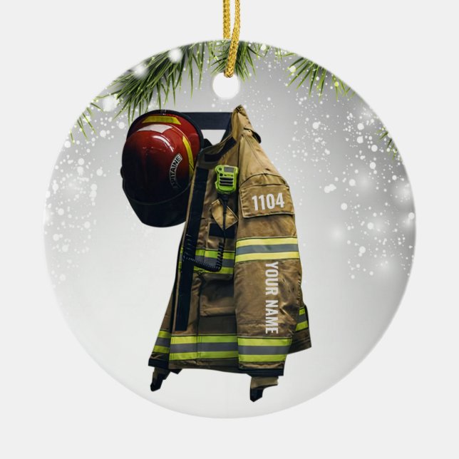 Custom name firefighter gift fire and rescue red ceramic ornament (Front)