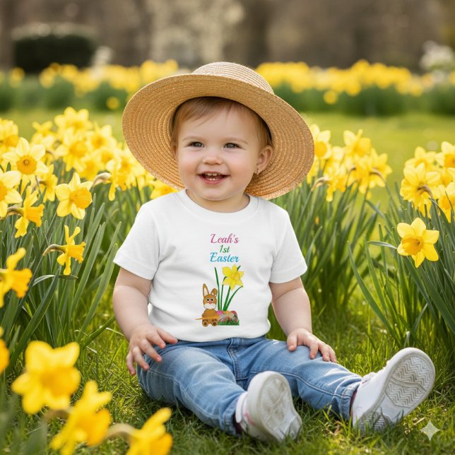 Custom Name First Easter with Bunny Rabbit  Baby T-Shirt (Celebrate your baby's first Easter by personalizing this tee with their name. Spring is here!)