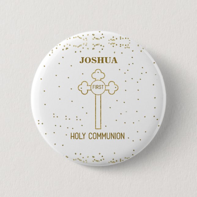 Custom Name First Holy Communion Gold Look Cross 6 Cm Round Badge (Front)