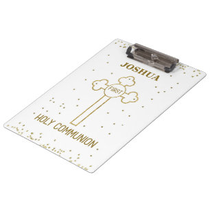 Custom Name First Holy Communion Gold Look Cross Clipboard
