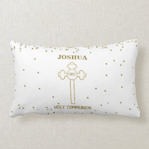 Custom Name First Holy Communion Gold Look Cross Lumbar Cushion