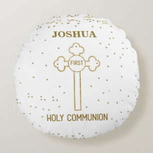 Custom Name First Holy Communion Gold Look Cross Round Cushion