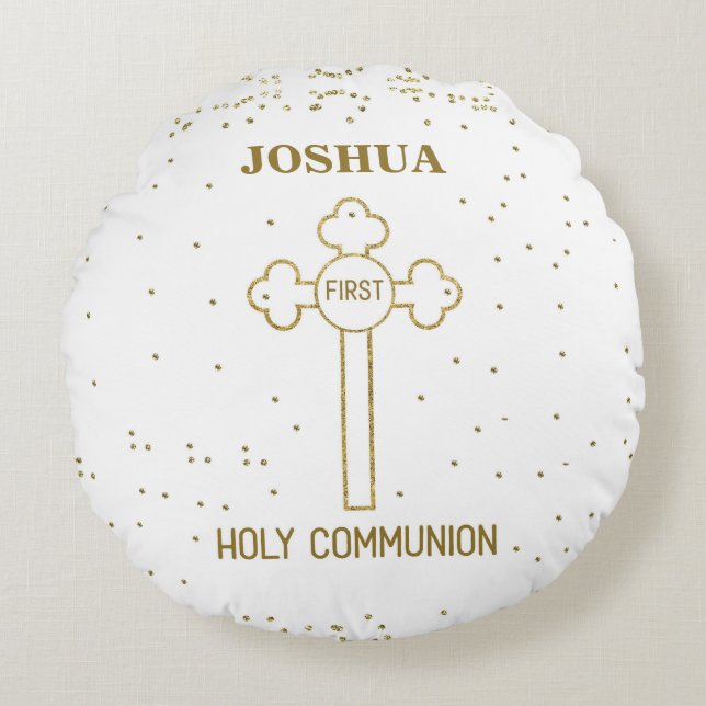 Custom Name First Holy Communion Gold Look Cross Round Cushion (Front)