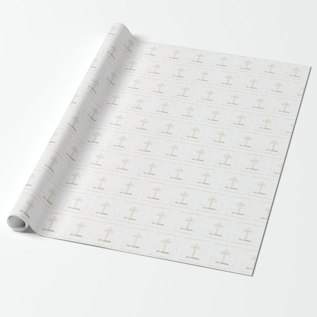 Custom Name First Holy Communion Gold Look Cross Wrapping Paper (Unrolled)