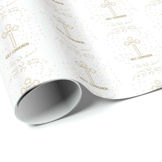 Custom Name First Holy Communion Gold Look Cross Wrapping Paper (Roll Corner)