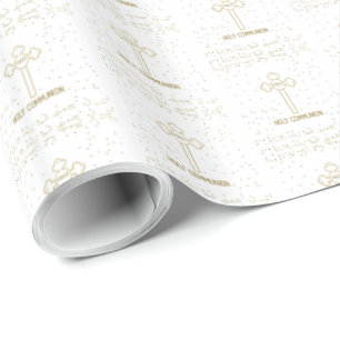 Custom Name First Holy Communion Gold Look Cross Wrapping Paper