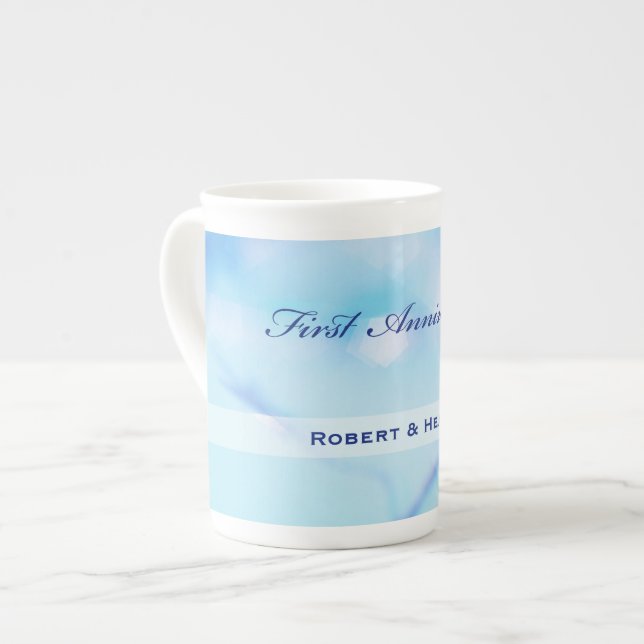 Custom Name, First Wedding Anniversary Sparkle Bone China Mug (Front Left)