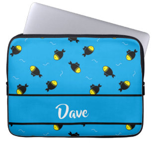 Custom name fishes pattern on blue laptop sleeve