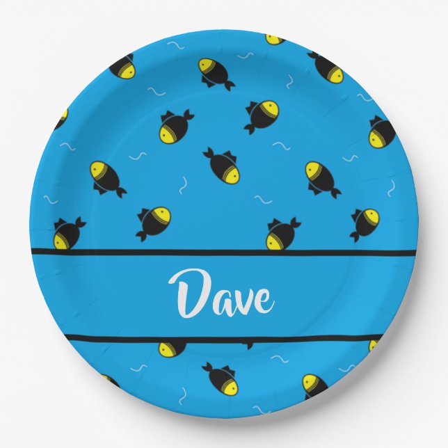 Custom name fishes pattern on blue paper plate (Front)