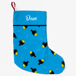 Custom name fishes pattern on blue small christmas stocking