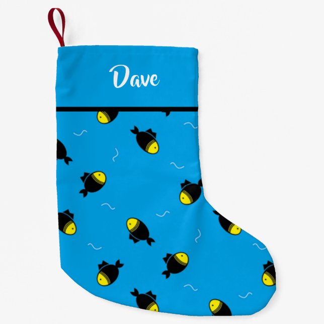 Custom name fishes pattern on blue small christmas stocking (Front)