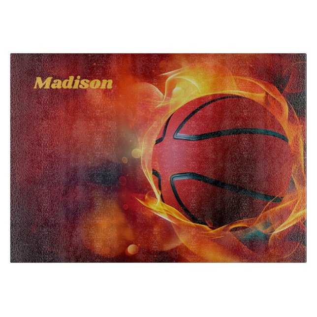Custom Name Flaming Basketball Cutting Board (Front)