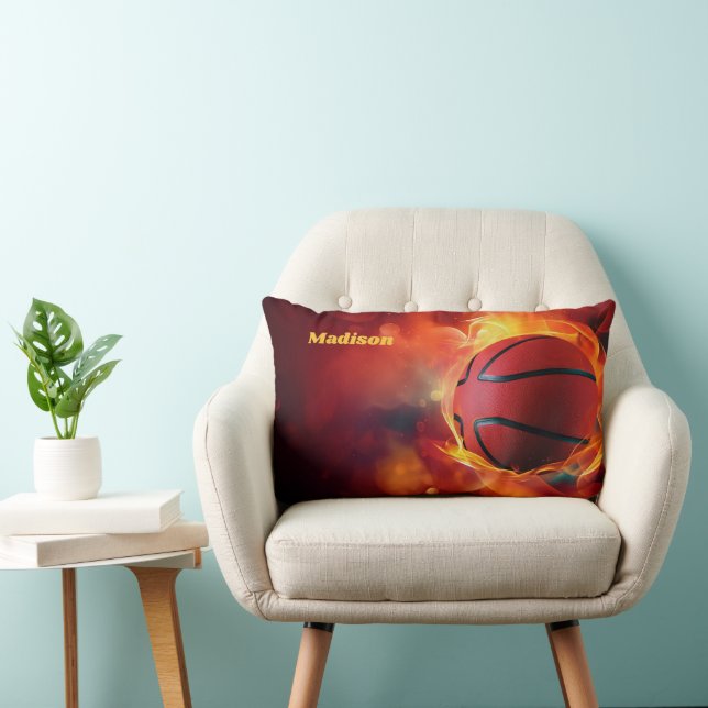 Custom Name Flaming Basketball Lumbar Cushion (Chair)