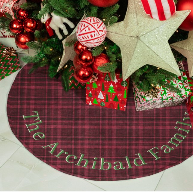 Custom Name Flannel Plaid Holly Berry Red + Black Brushed Polyester Tree Skirt (Creator Uploaded)