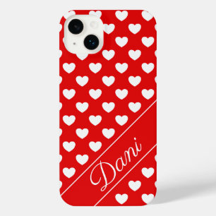 Custom Name, Flashy Red And White Hearts iPhone 14 Plus Case