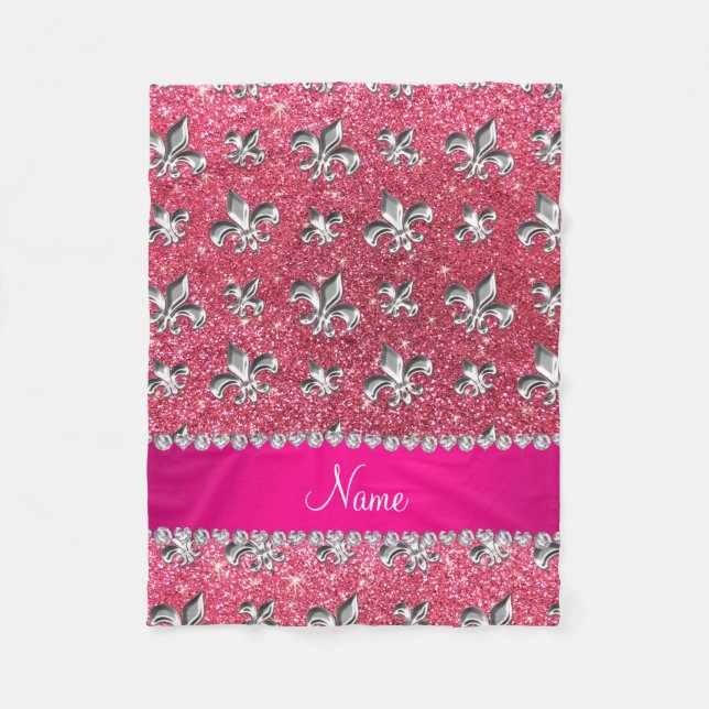 Custom name fleur de lis fuchsia pink glitter fleece blanket (Front)