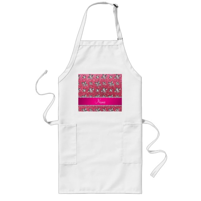 Custom name fleur de lis fuchsia pink glitter long apron (Front)
