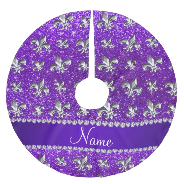 Custom name fleur de lis indigo purple glitter brushed polyester tree skirt (Front)