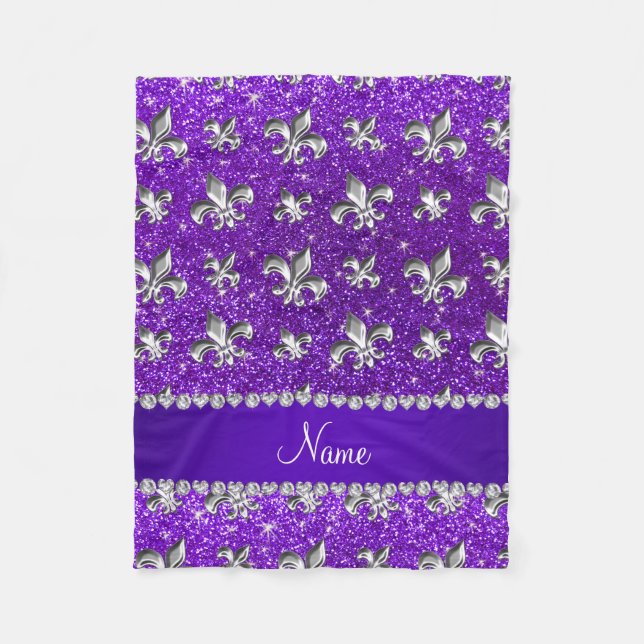 Custom name fleur de lis indigo purple glitter fleece blanket (Front)