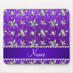 Custom name fleur de lis indigo purple glitter mouse pad