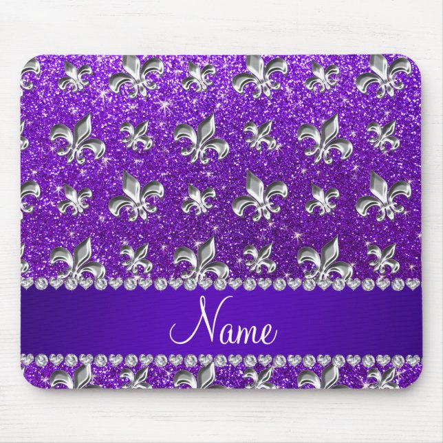 Custom name fleur de lis indigo purple glitter mouse pad (Front)
