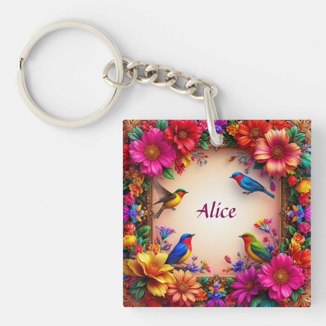 🌸 Custom Name Floral Bird Design Nature Gift  Key Ring (Front)