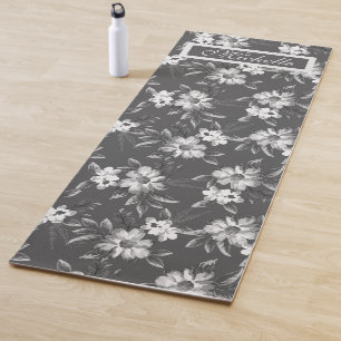 Custom Name Floral Black Grey White Yoga Mat