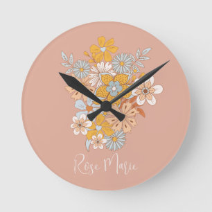 Custom Name Floral Boho Nursery Round Clock