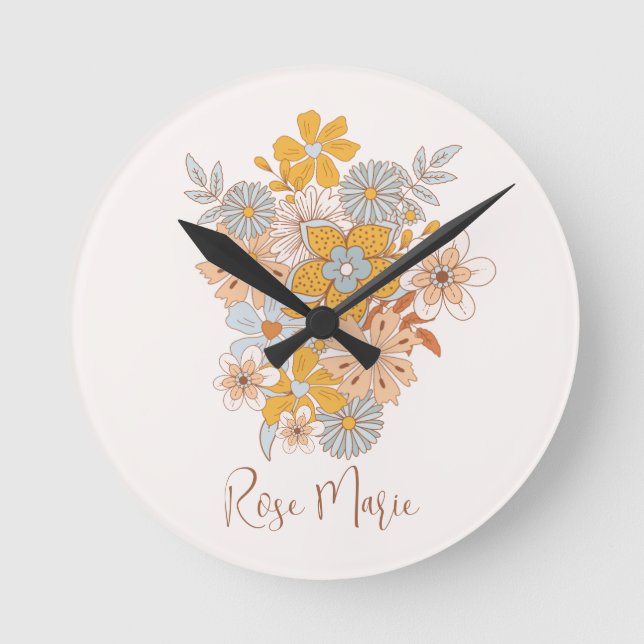 Custom Name Floral Boho Nursery Round Clock (Front)