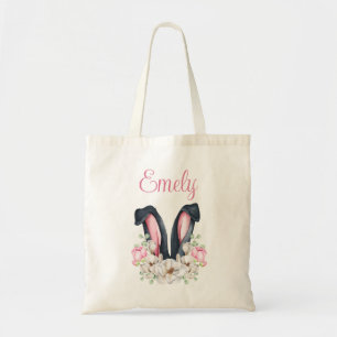 Custom Name Floral Bunny Ears Easter Tote Bag