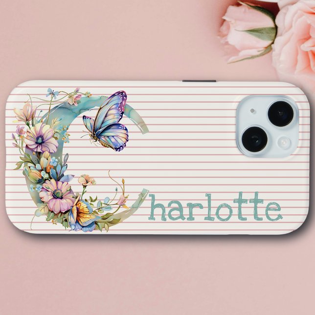Custom Name | Floral Butterfly Initial Pastel  Case-Mate iPhone Case (Creator Uploaded)