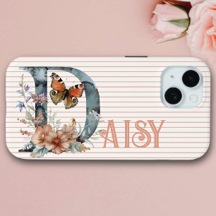 Custom Name   Floral Butterfly Initial Peach Blue iPhone 15 Case