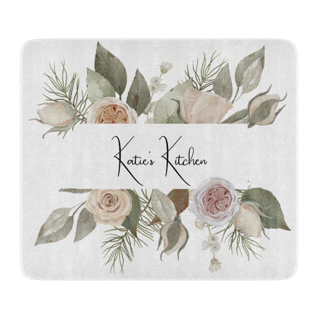 Custom Name Floral Glass Cutting Board, Flower Cutting Board (Front)