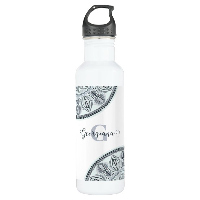 Custom Name Floral Harmony Grey Monotone Mandala 710 Ml Water Bottle (Front)